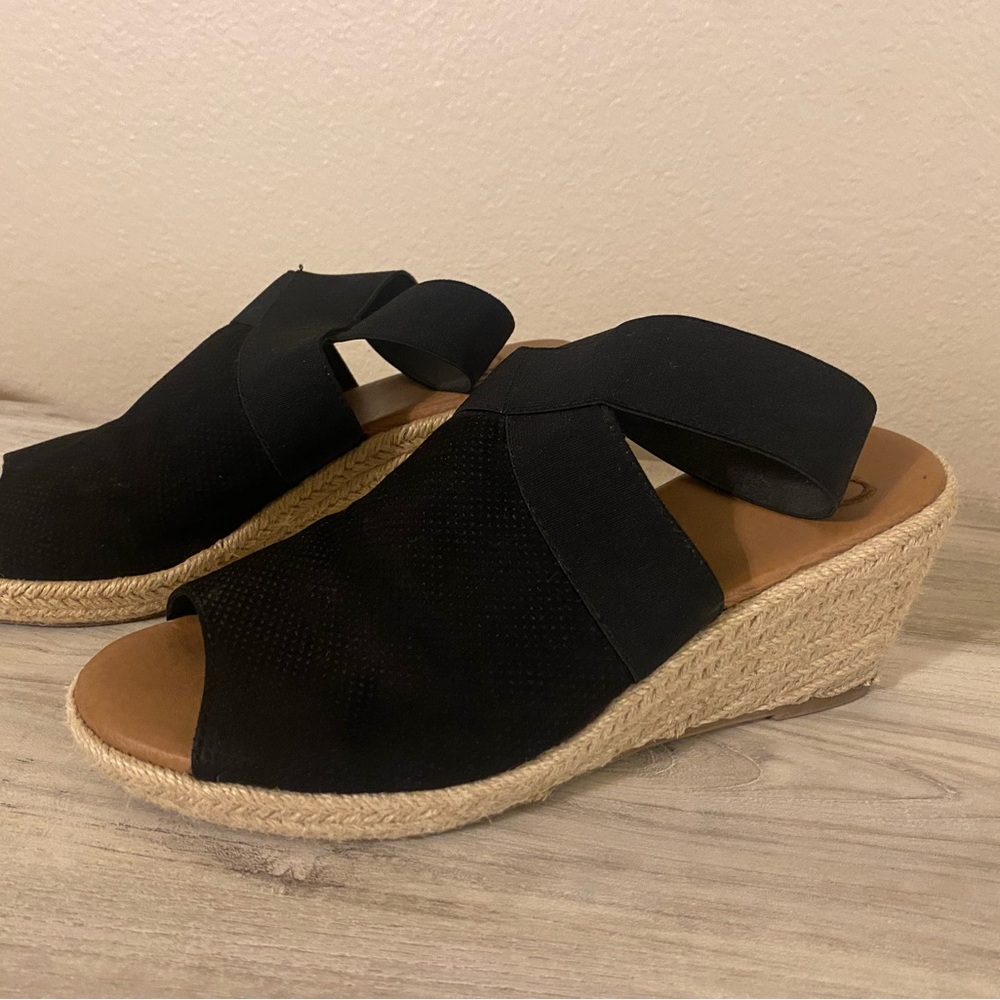 Madeline Black and Tan Wedge Sandals